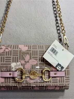 Anne Klein Pink Floral Logo-Print Chain Wallet Clutch